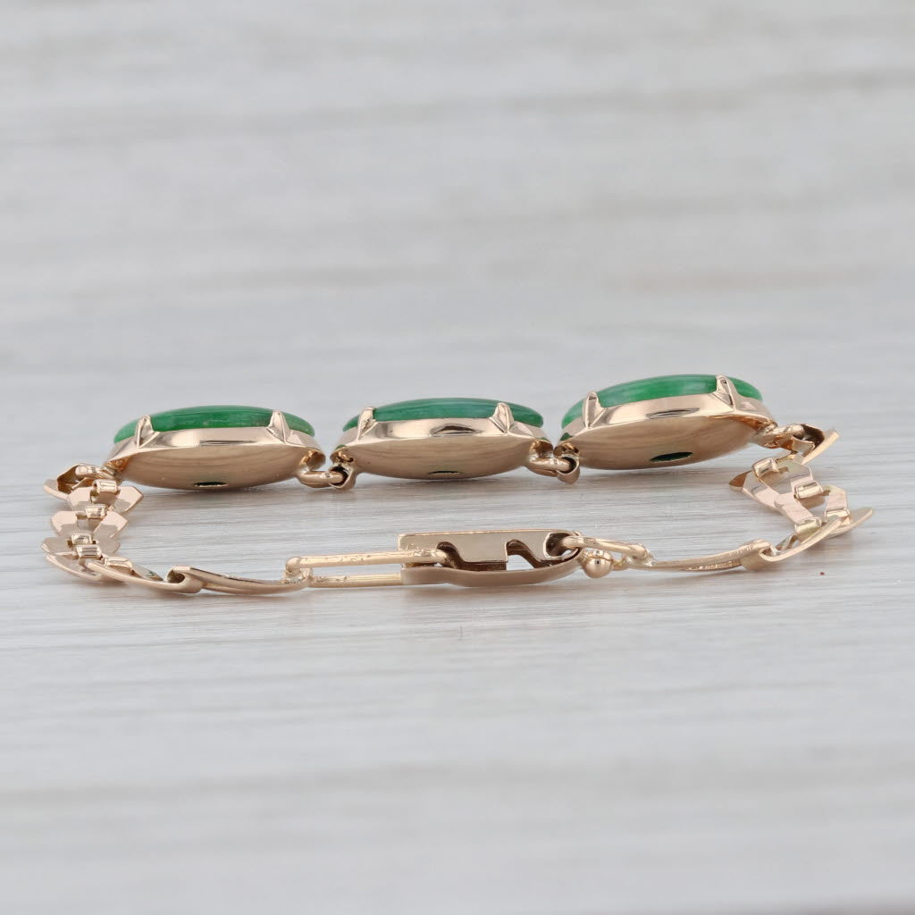 Gray Green Jadeite Jade 3-Stone Oval Cabochons Bracelet 14k Rose Gold 6.25"