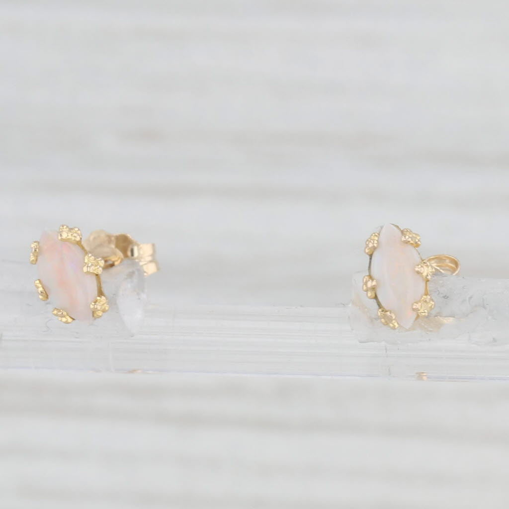 Light Gray Marquise Navette Oval Cabochon Opal Stud Earrings 14k Yellow Gold