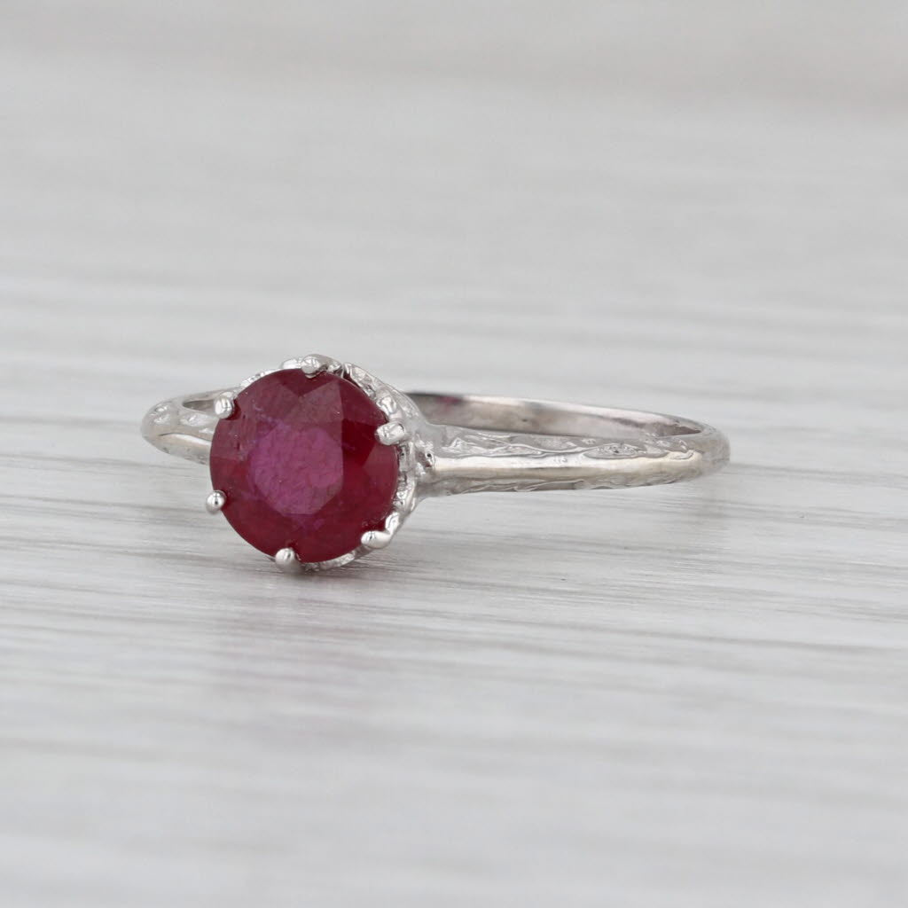 Vintage 0.90ct Ruby Round Solitaire Ring 14k White Gold Size 6.25 Etched Band