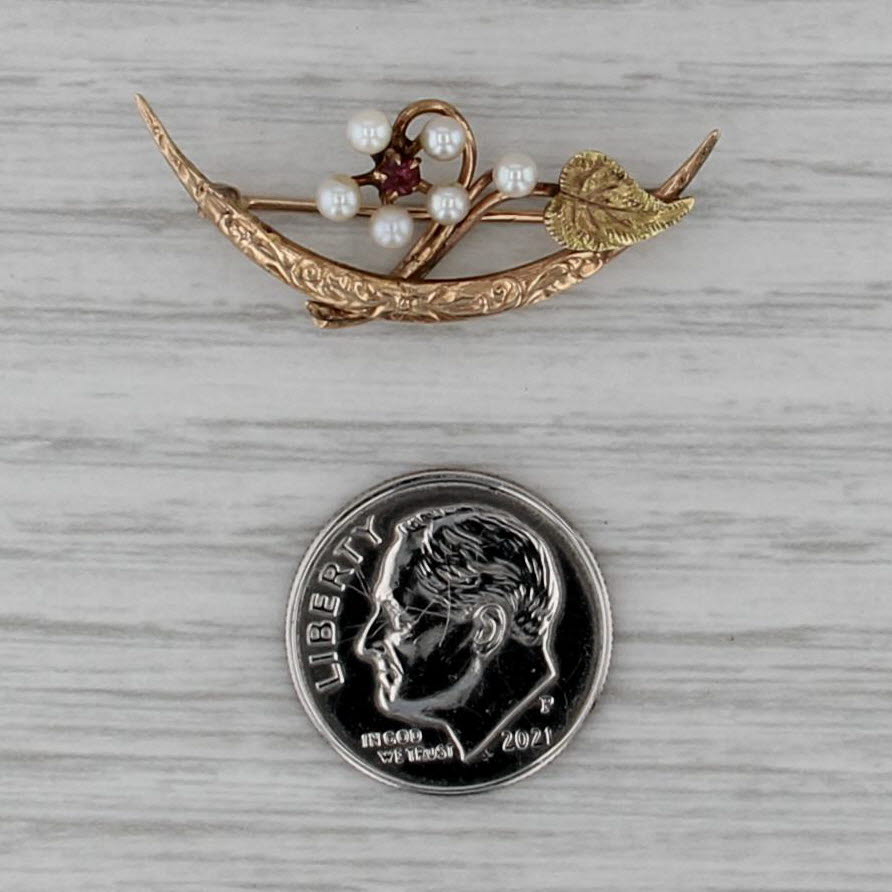 Antique Seed Pearl Glass Flower Crescent Pin 10k Yellow Gold Ornate Engraved