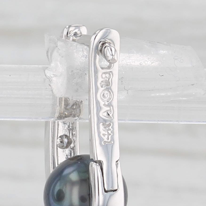 Light Gray Cultured Black Pearl Diamond J-Hook Earrings 14k White Gold Snap Top