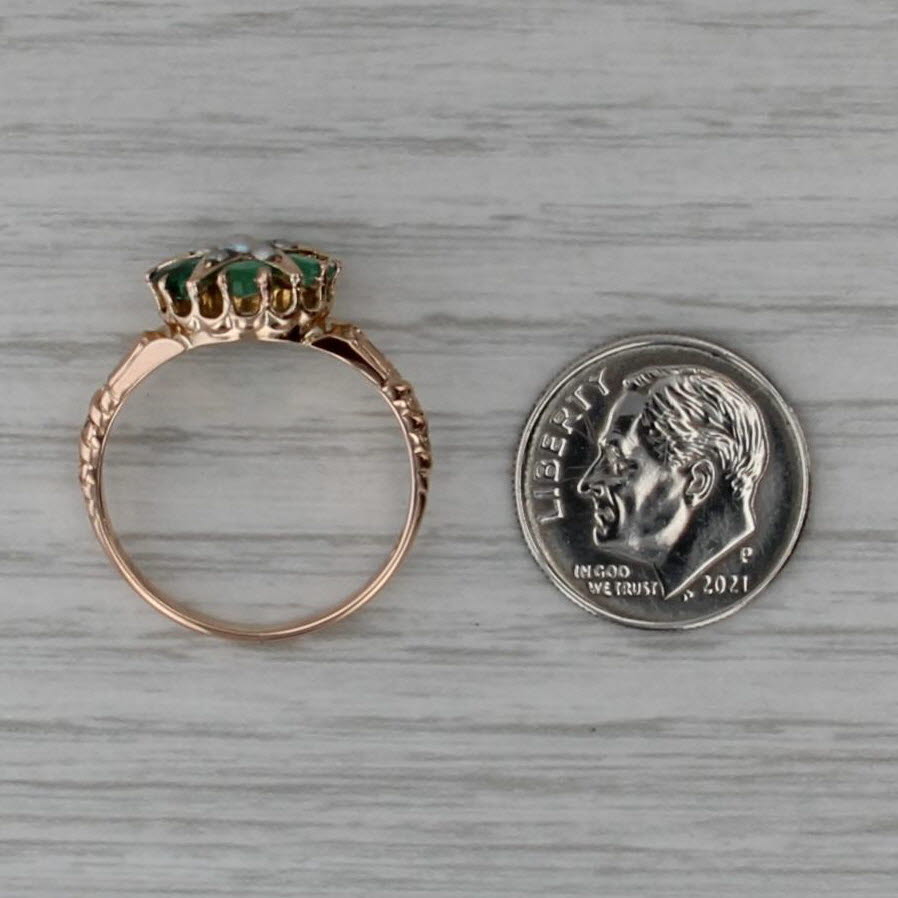 Antique Green Stone Flower Ring 10k Gold Emerald Garnet Glass Imitation Pearls