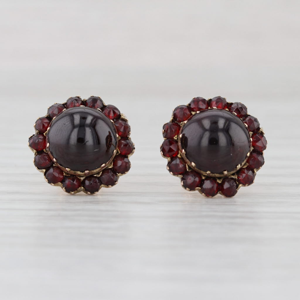 Vintage Garnet Button Flower Stud Earrings 10k Yellow Gold Studs