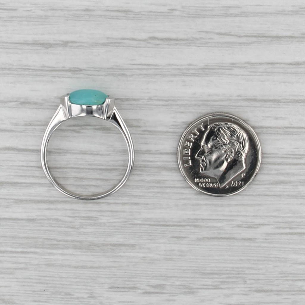 Teal Common Opal Oval Cabochon Solitaire Ring 14k White Gold Size 7
