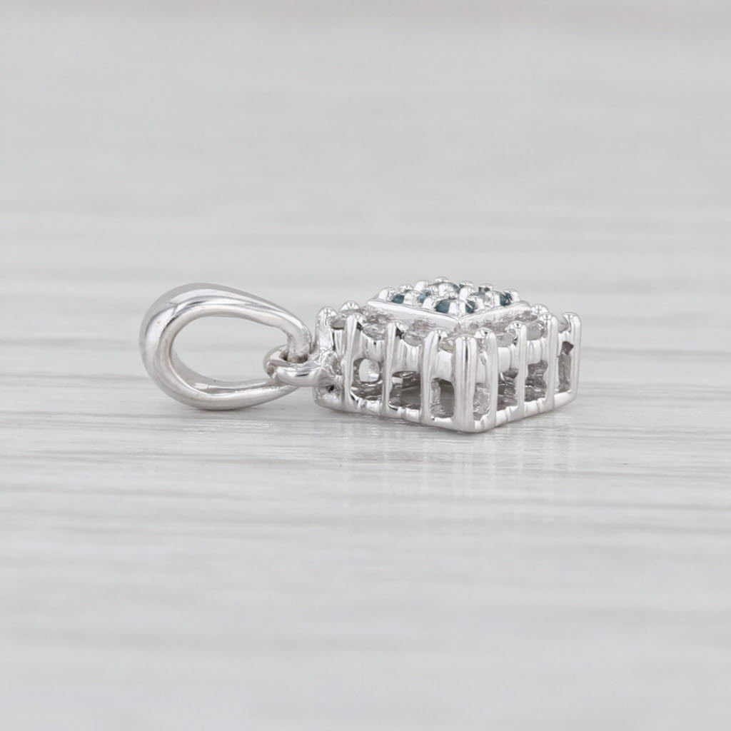 0.10ctw Blue White Diamond Halo Small Drop Pendant 10k White Gold