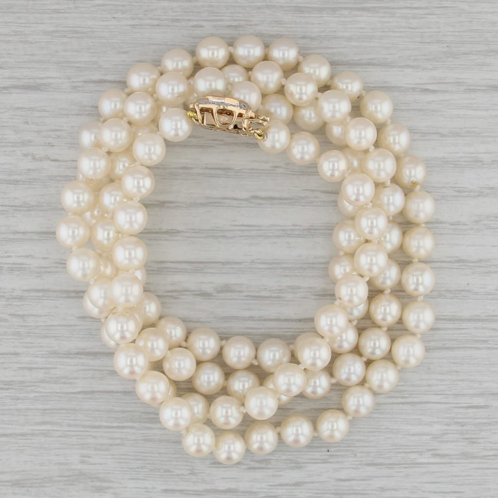 Diamond Clasp Pearl Bead Single Strand Necklace 14k Gold 31.5"