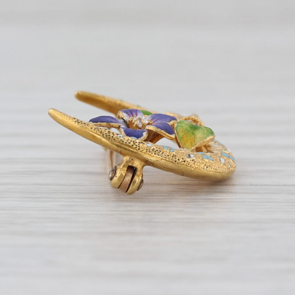 Vintage Crescent Moon Flower Brooch 14k Yellow Gold Enamel Diamond Floral Pin