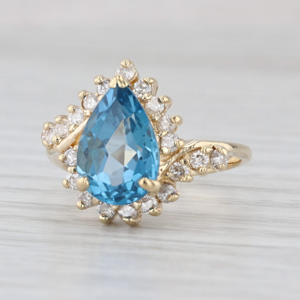 4ctw Pear Blue Topaz Halo Bypass Ring 14k Yellow Gold Size 6.75
