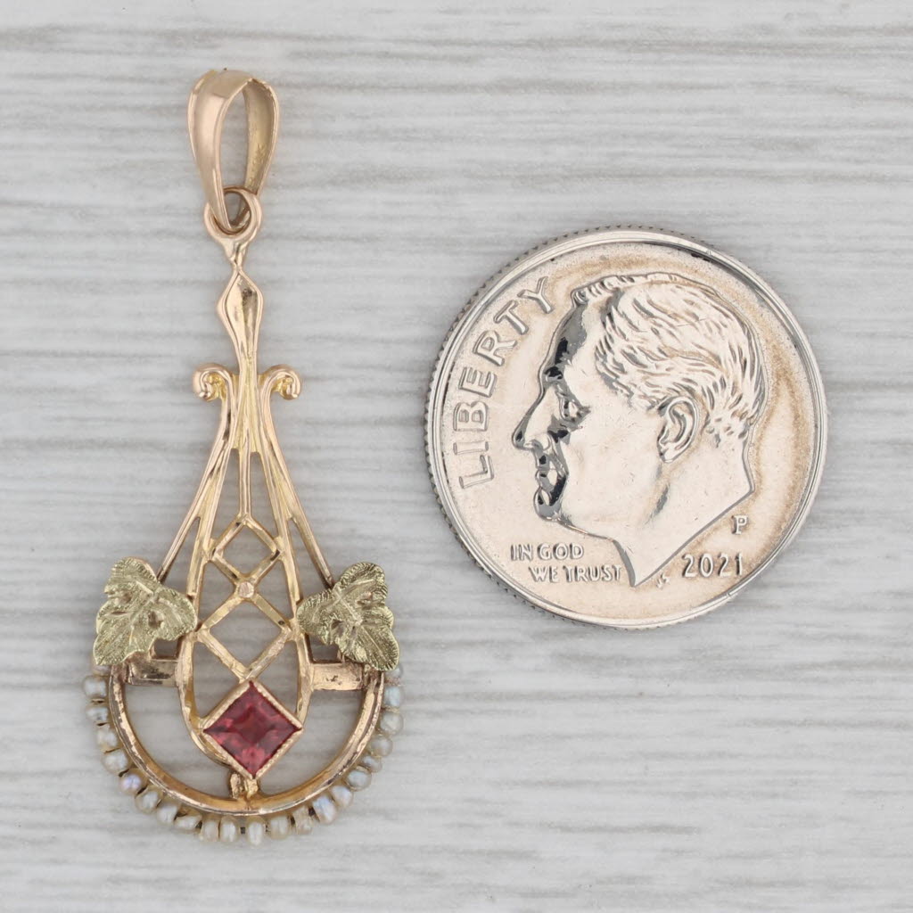 Gray Ostby Barton Garnet Pearl Vintage Lavalier Pendant 10k Yellow Green Gold