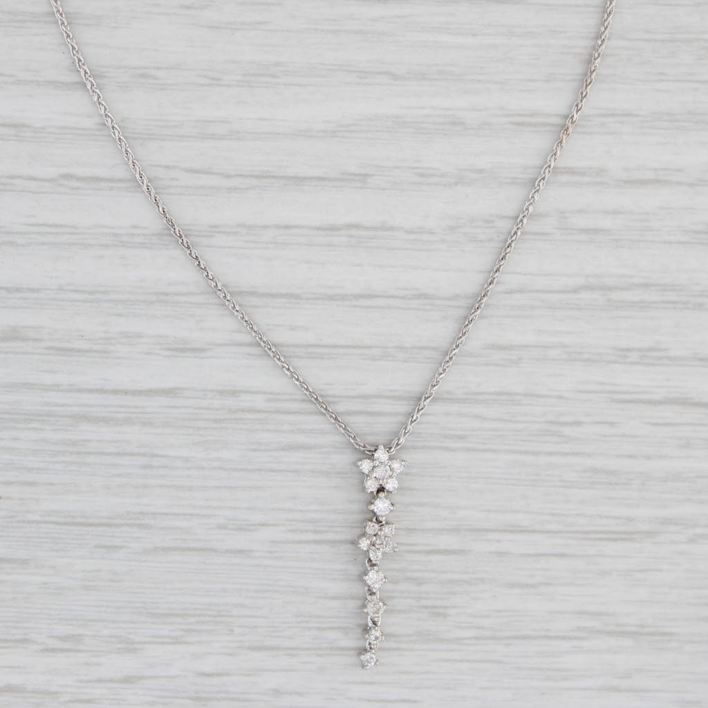Light Gray 0.23ctw Diamond Flower Dangle Journey Pendant 14k White Gold 15.5" Wheat Chain