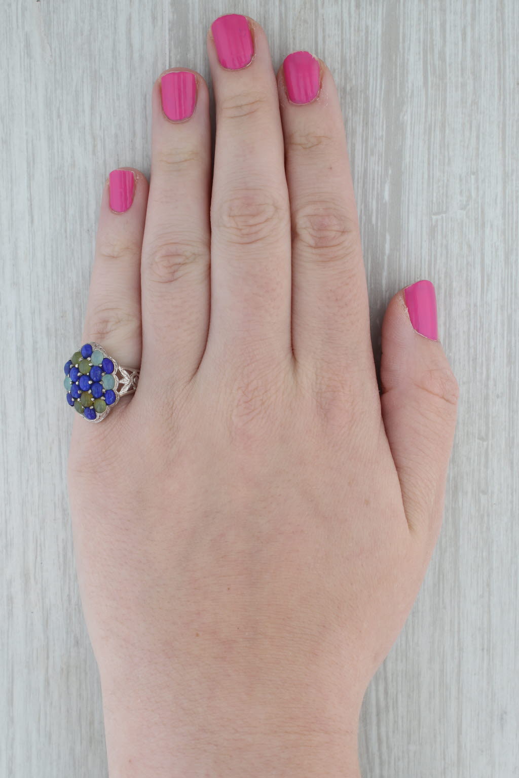 Dark Gray Gemstone Cluster Ring Sterling Silver Lapis Lazuli Chalcedony Cabochons Size 6.5