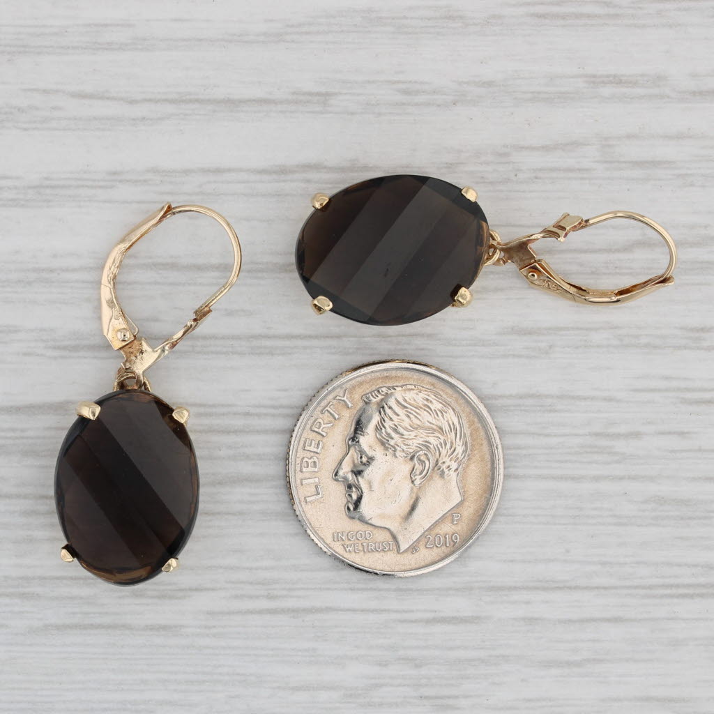 Gray Brown Smoky Quartz Dangle Earrings 10k Yellow Gold Pierced Lever Backs