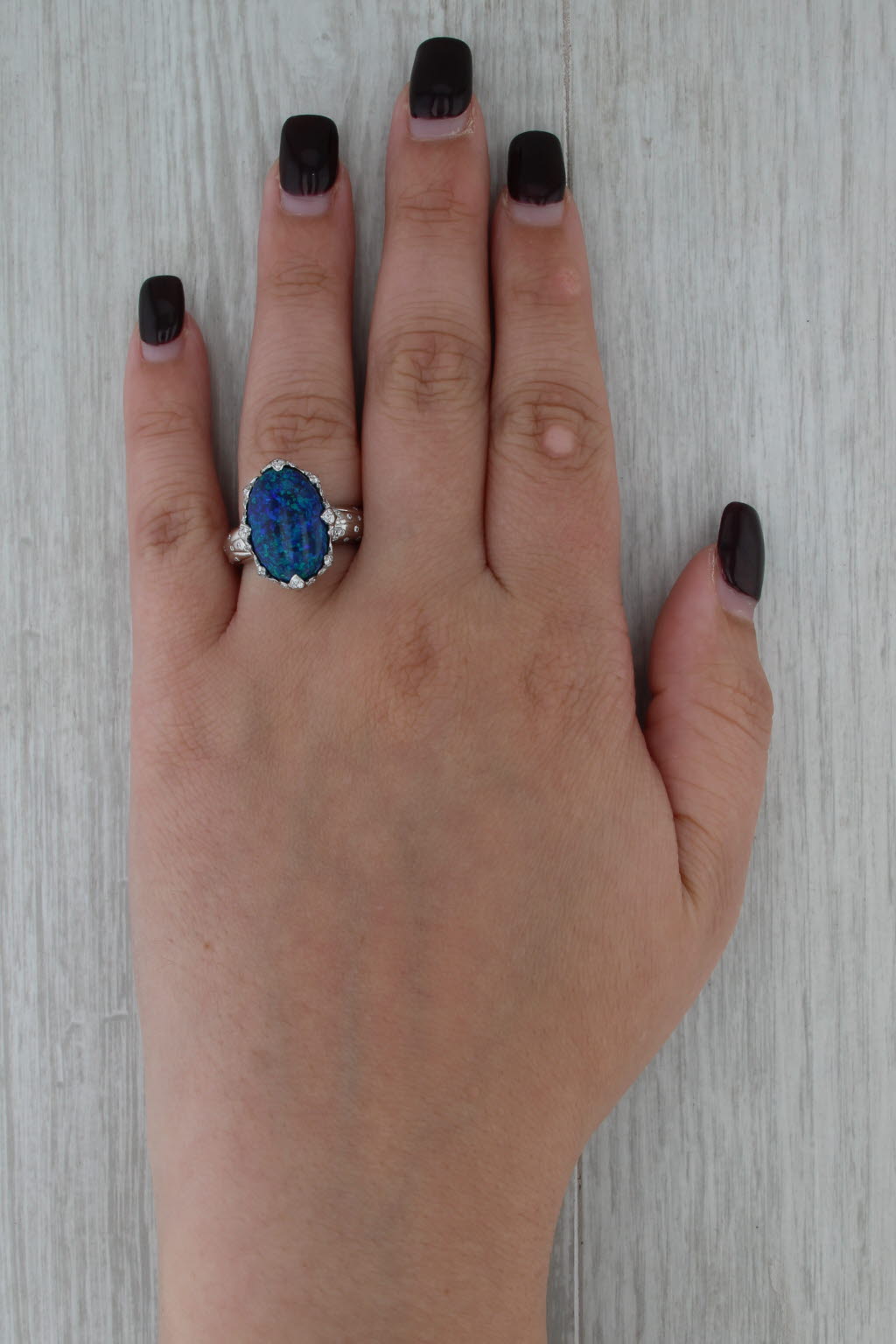 Kat Florence Black Opal Flawless Diamond Ring 18k Gold AJI Blue Green Cabchon