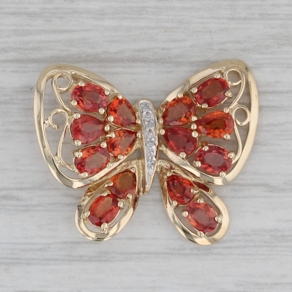 Gray 3.10ctw Orange Sapphire Butterfly Pendant 10k Yellow Gold Diamond Accents