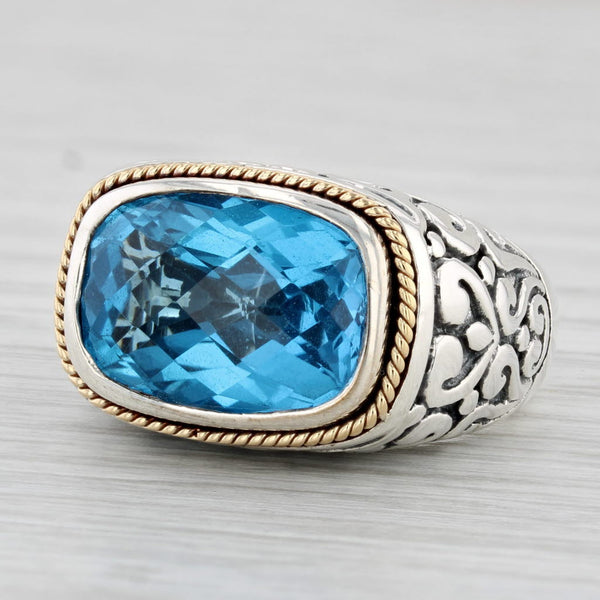 Effy 8.75ct Blue Topaz Ring Sterling Silver 18k Gold Size 7 Ornate Solitaire