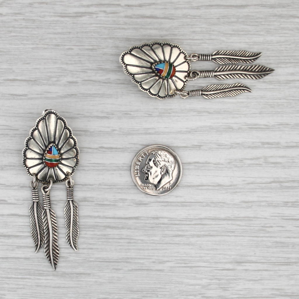 Wheeler Mfg Southwestern Dangle Feather Mosaic Earrings Sterling Silver
