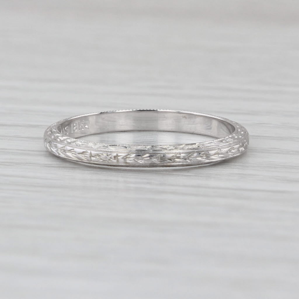 Belias Art Deco Wheat Etched Wedding Band 18k White Gold Stackable Ring Size 7.5