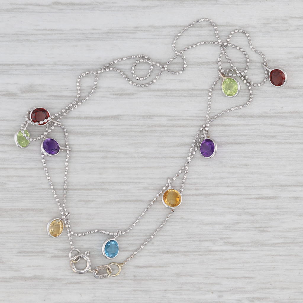 Light Gray 2.48ctw Gemstone Fringe Necklace 14k Gold 16" Bead Chain Garnet Peridot Amethyst