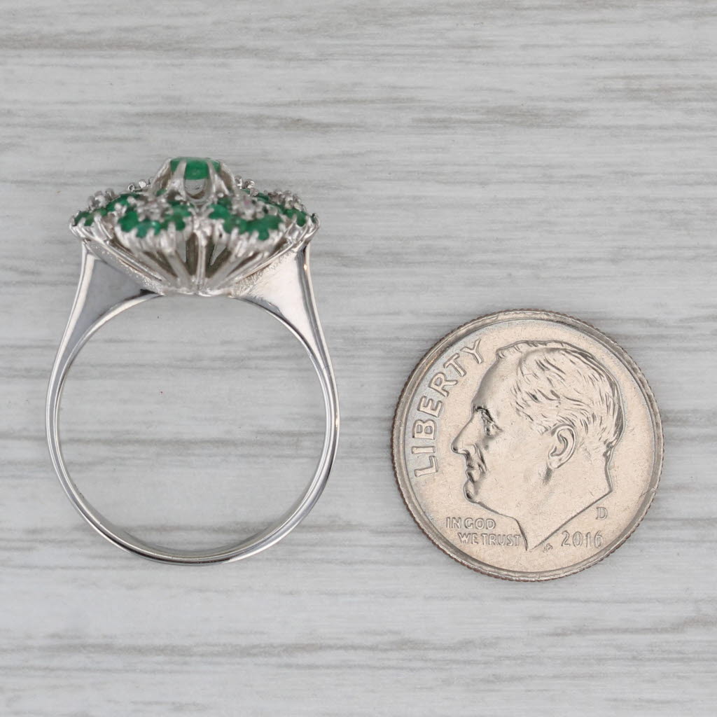 Gray 0.74ctw Emerald Diamond Flower Cluster Ring 18k White Gold Size 6.75