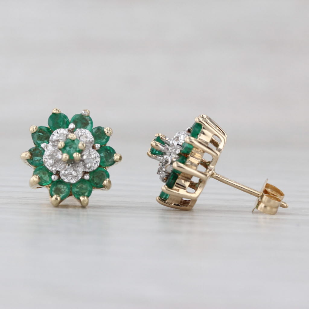 1.02ctw Emerald Diamond Stud Earrings 10k Yellow Gold Flower Studs