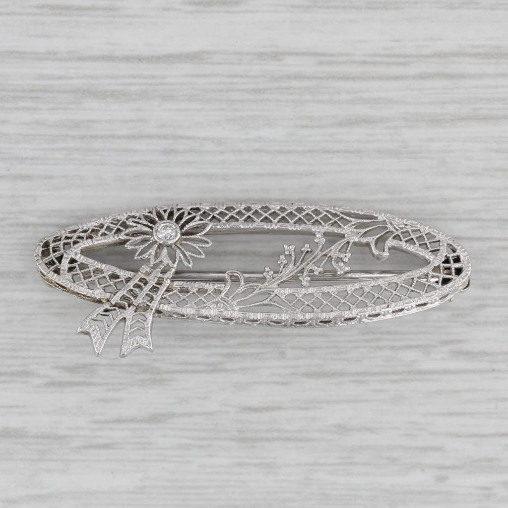 Gray Art Deco Diamond Filigree Brooch Platinum Floral Pin