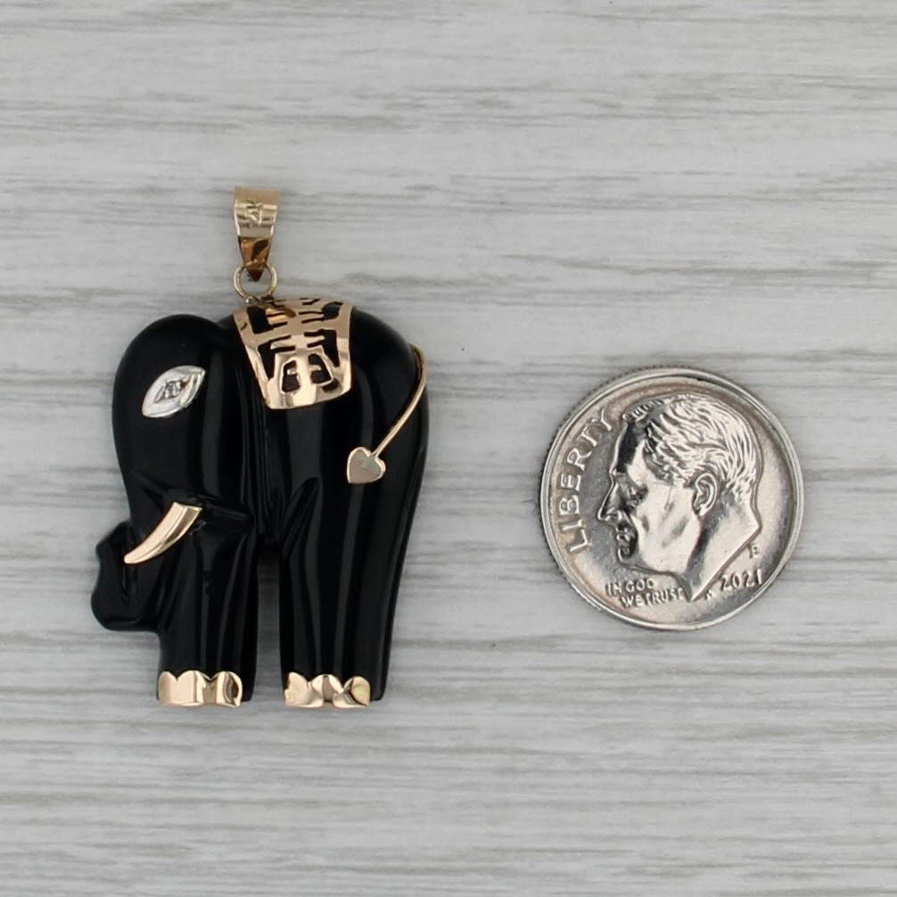 Carved Black Glass Elephant Pendant 14k Gold Longevity Chinese Calligraphy