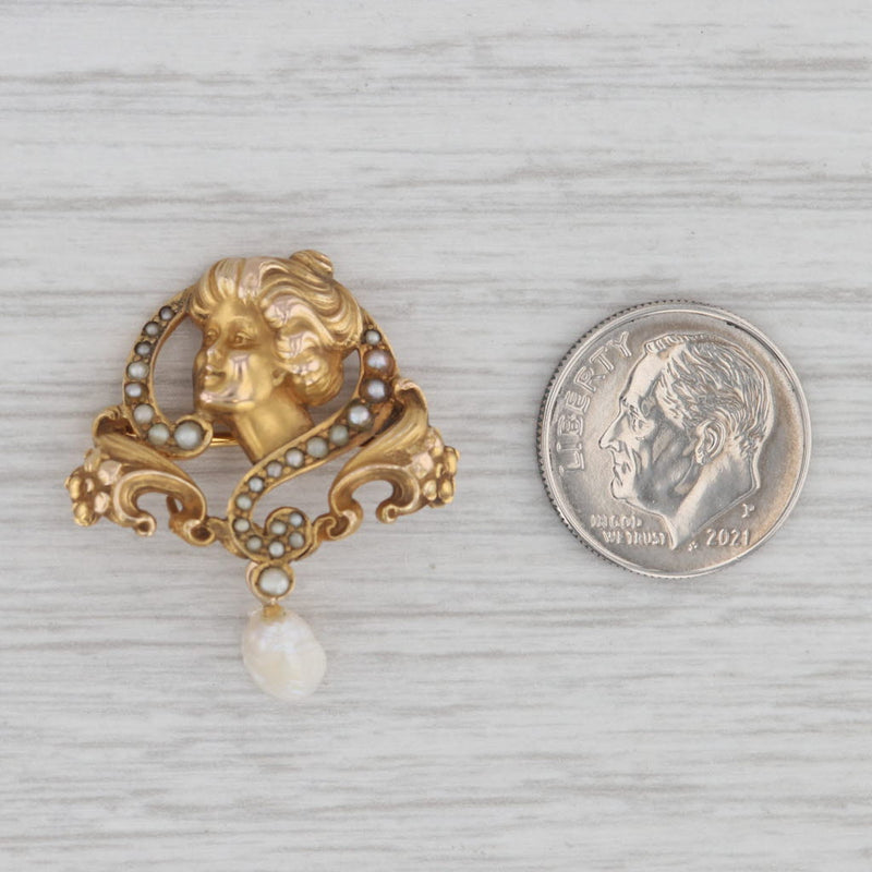 Art Nouveau Figural Brooch 14k Yellow Gold Pearls Vintage Pin