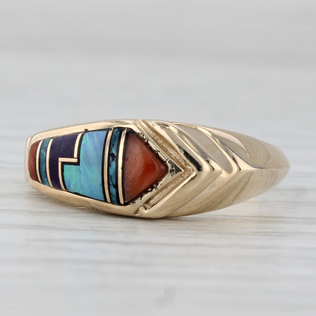 Gray Stone Mosaic Ring 14k Yellow Gold Size 6.75 Coral Turquoise Opal Sugilite Resin