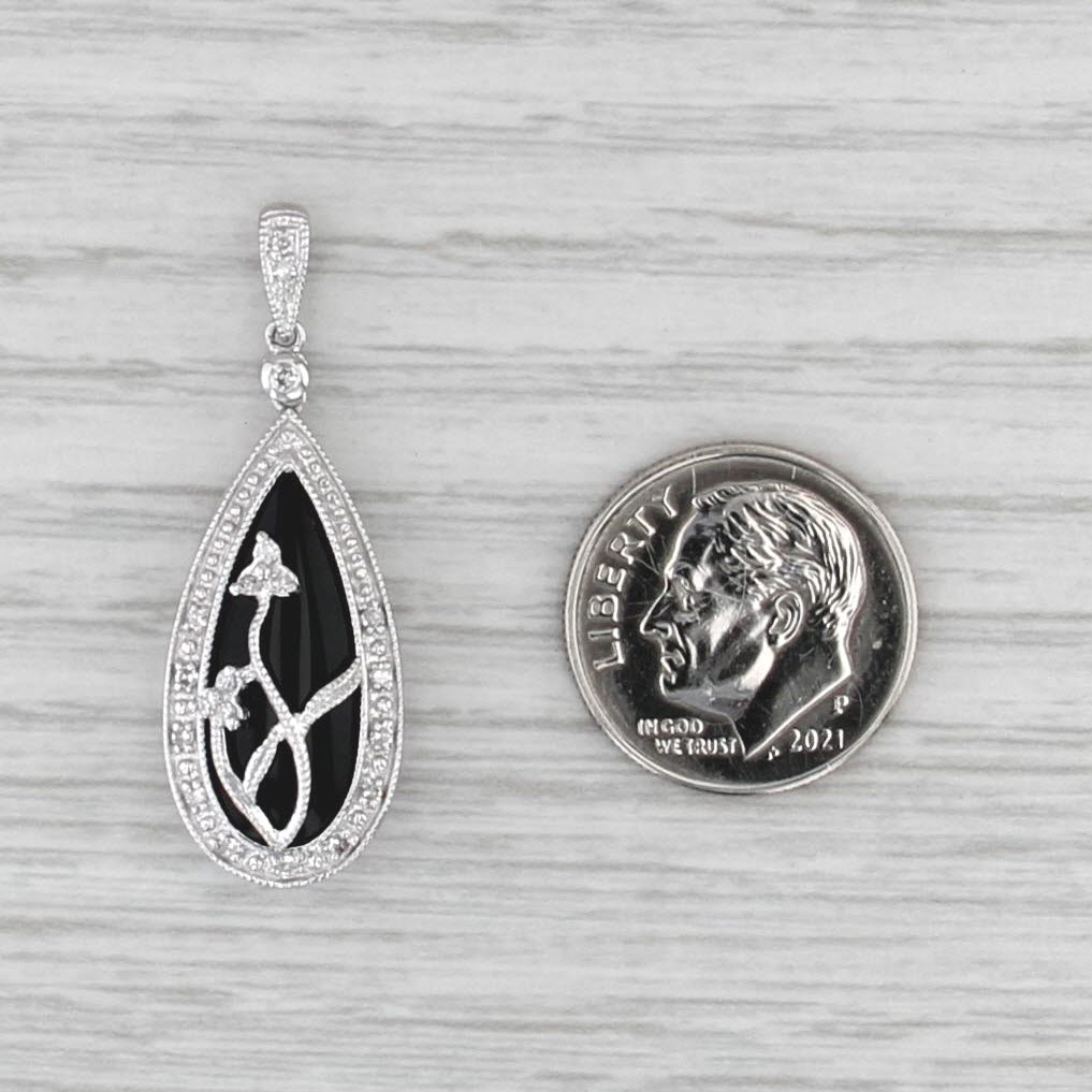 Onyx Diamond Floral Teardrop Pendant 10k White Gold Teardrop