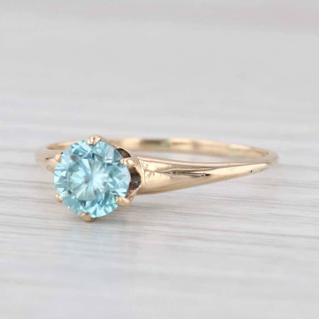 Vintage 1.35ct Round Solitaire Blue Zircon Ring 10k Yellow Gold Size 8.75