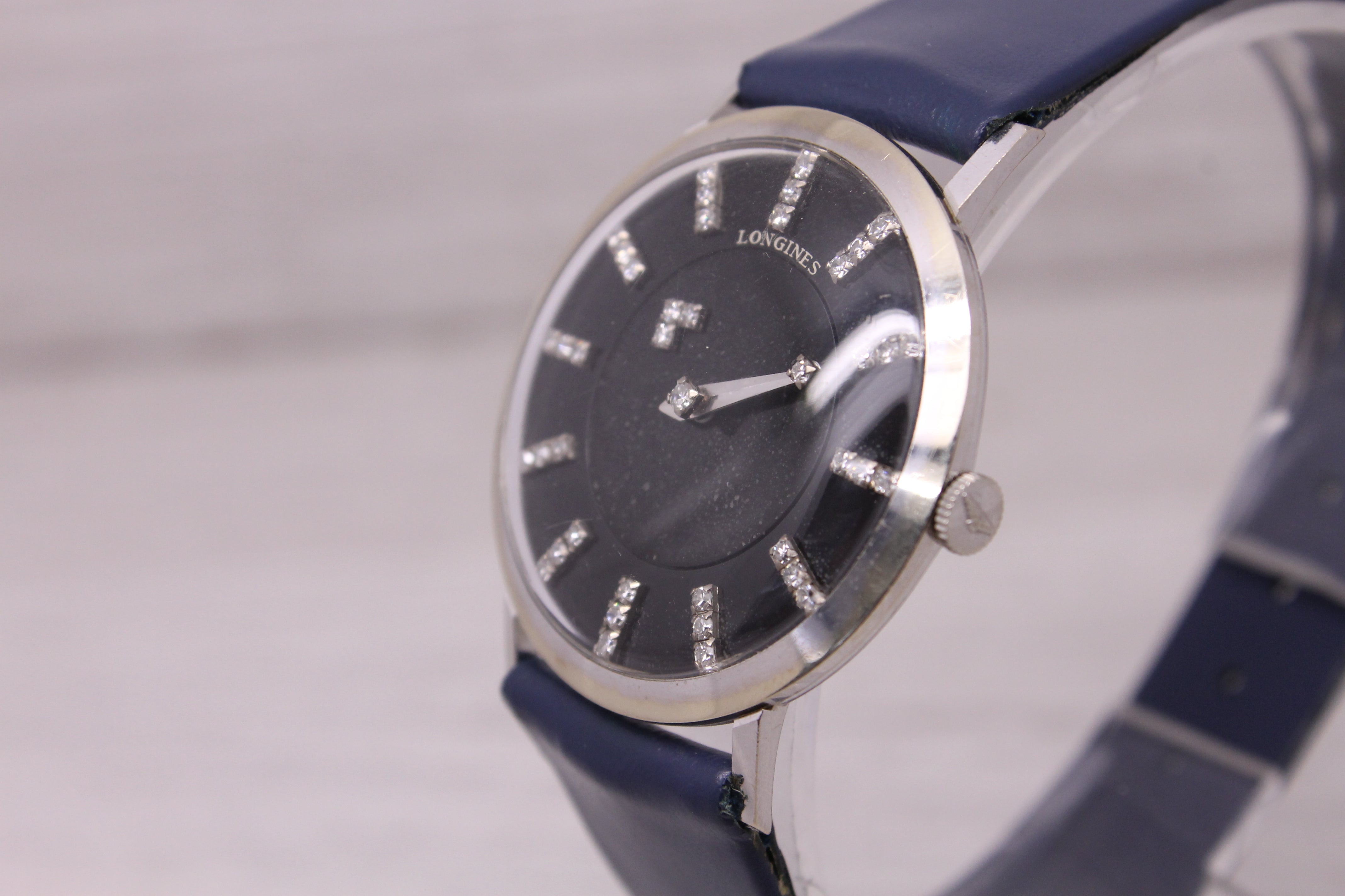 Gray Vintage c1957 Longines 14k White Gold Mens Diamond Dial Mystery Watch Buckle Box