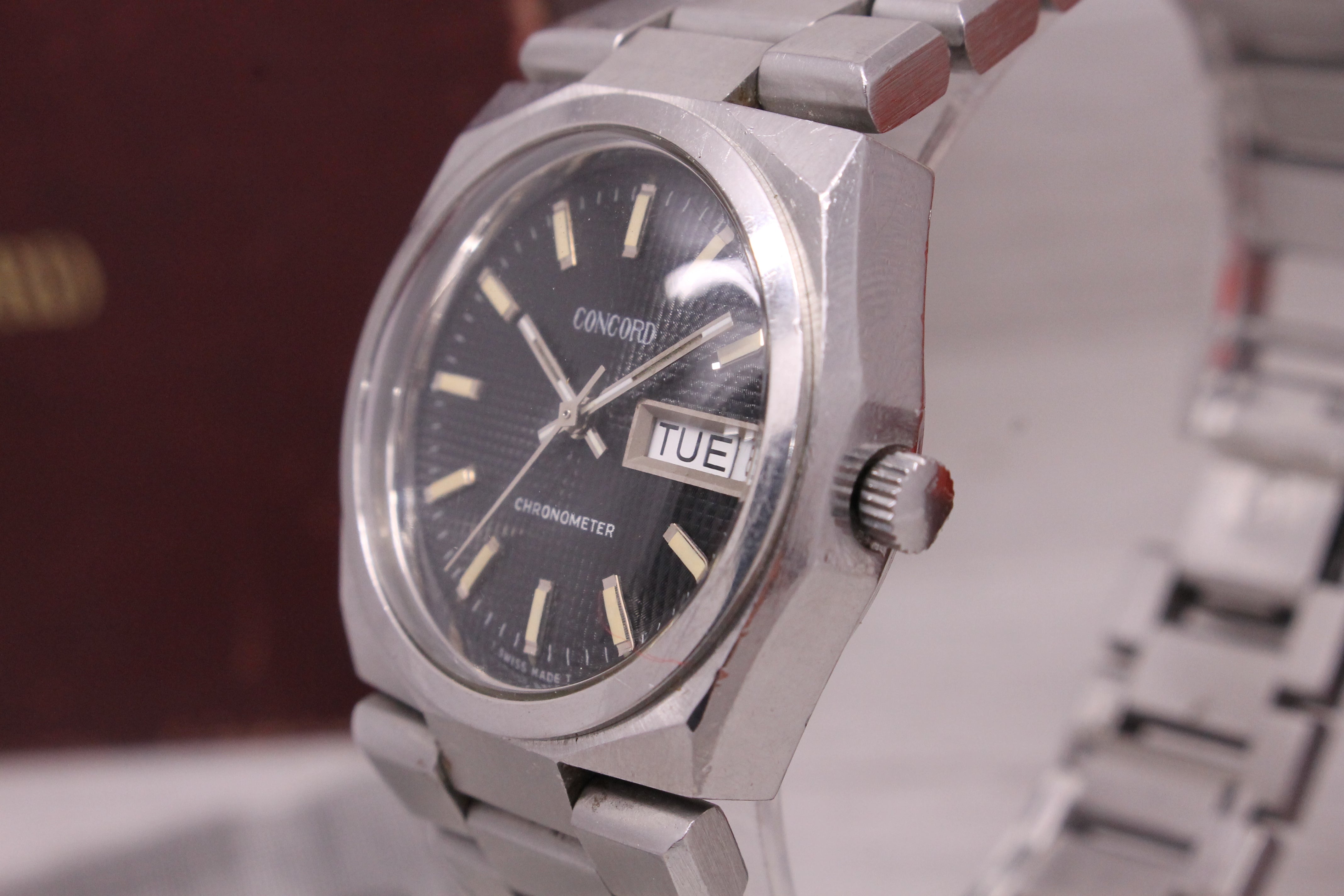 Rosy Brown Vintage 1970's Concord Chronometer Mens Steel Integrated Sport Watch w Box COSC