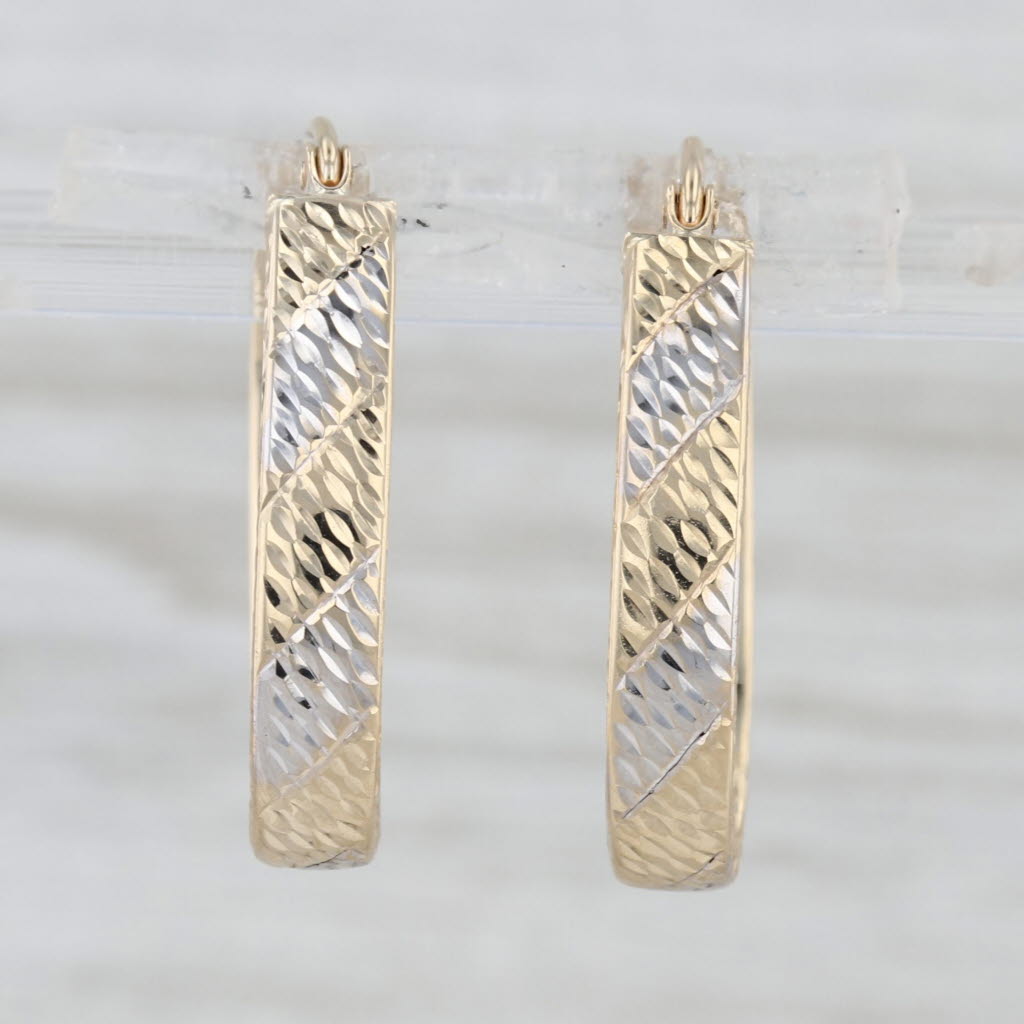 2-Toned Oval Hoop Earrings 10k Yellow White Gold Snap Top Hoops 23.1 x 4 mm