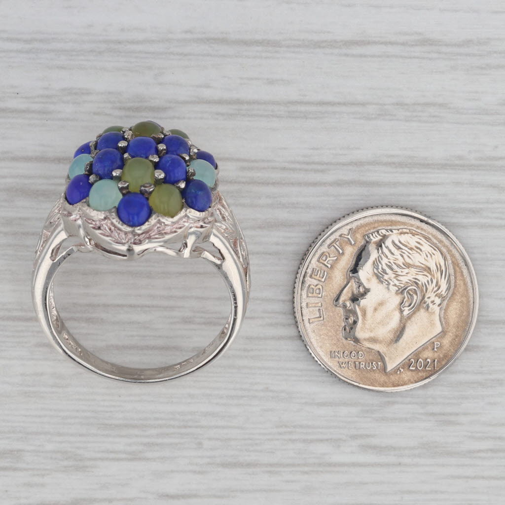 Gray Gemstone Cluster Ring Sterling Silver Lapis Lazuli Chalcedony Cabochons Size 6.5