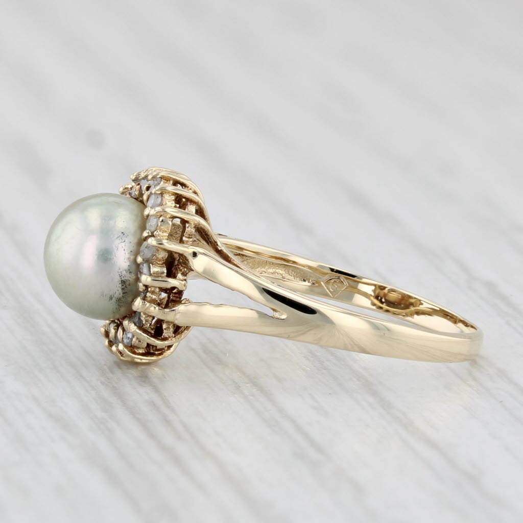 Light Gray Cultured Pearl Diamond Halo Ring 14k Yellow Gold Size 5.5