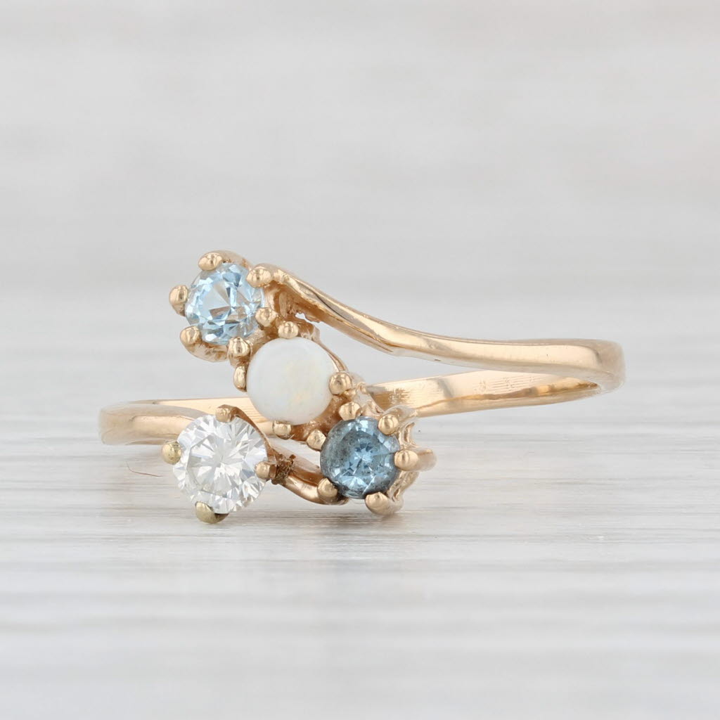 Light Gray Opal Diamond Aquamarine Cluster Ring 14k Yellow Gold Size 7.5