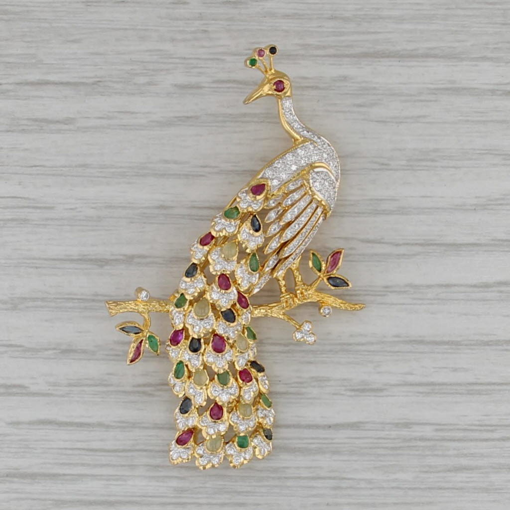 2.78ctw Gemstone Peacock Brooch 18k Gold Pin Diamond Ruby Emerald Sapphire