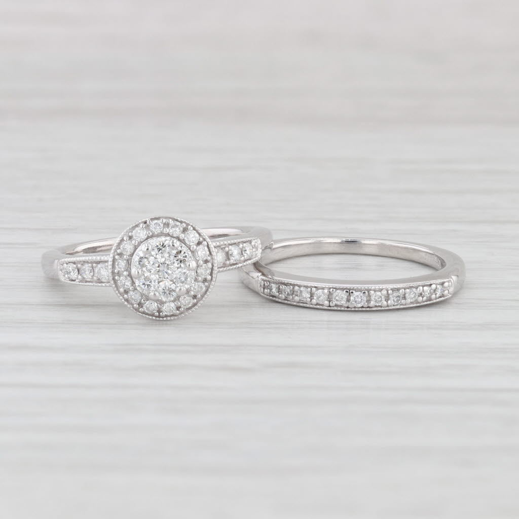 Light Gray 0.32ctw Round Diamond Halo Engagement Ring Wedding Band Set 10k White Gold Sz 5