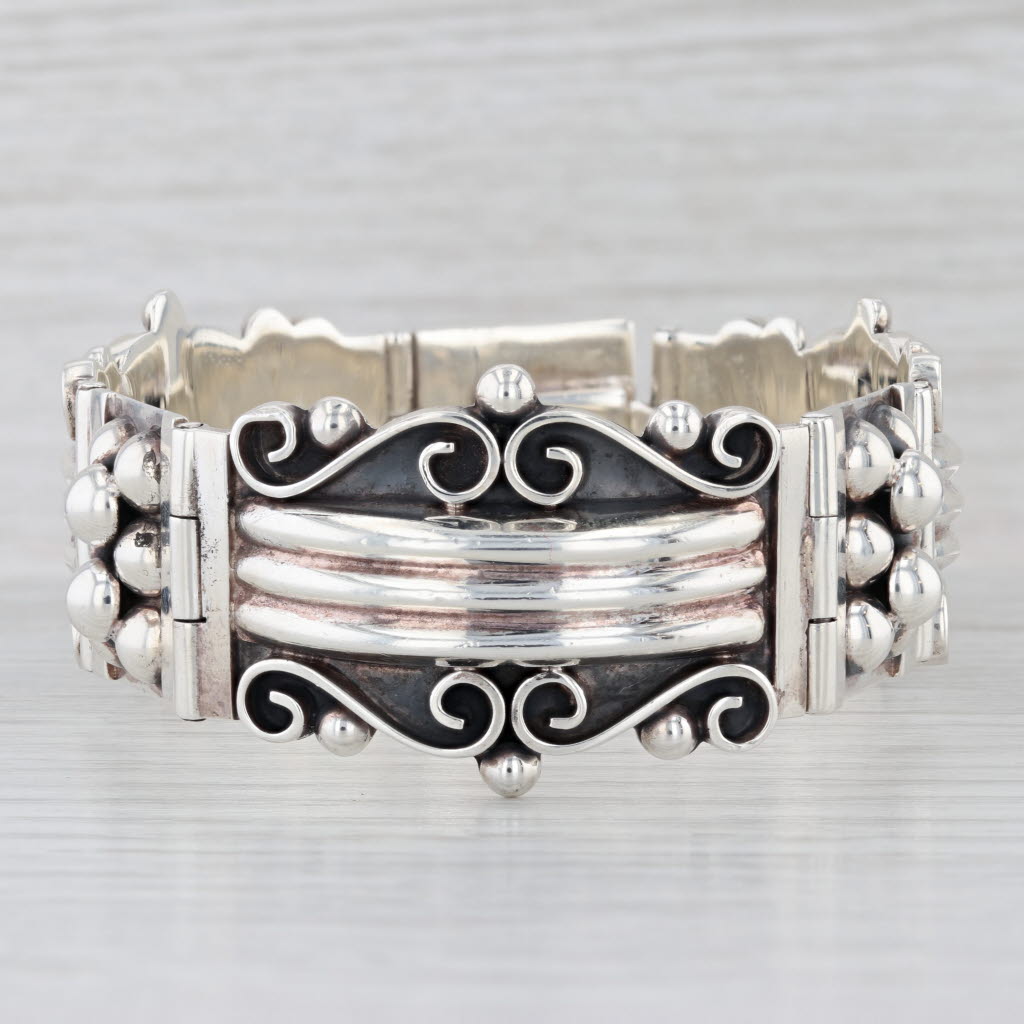 Vintage Panel Link Statement Bangle Bracelet Sterling Silver 7.5" 29.4mm Mexico