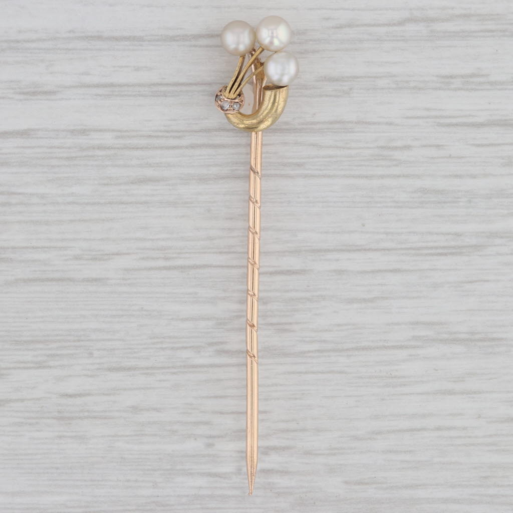 Gray Antique Pearl Cluster Diamond Stickpin 12k 14k Yellow Gold