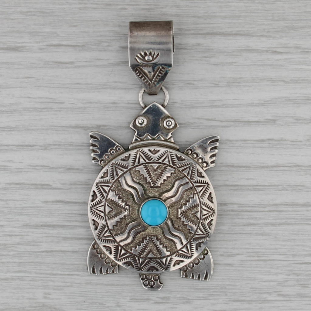 A Mariano Tribal Turtle Pendant Sterling Silver Turquoise Navajo Native American