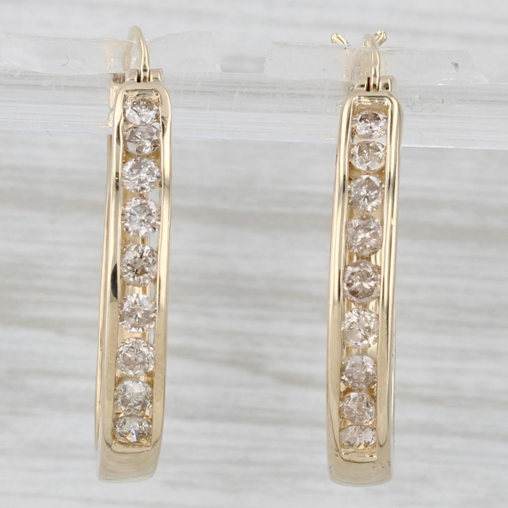 Gray 0.75ctw Channel Set Diamond Hoop Earrings 14k Yellow Gold Snap Top Round Hoops