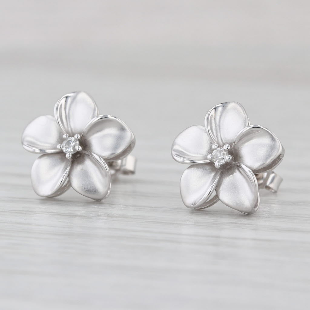 Diamond Plumeria Flower Stud Earrings 14k White Gold Floral Studs