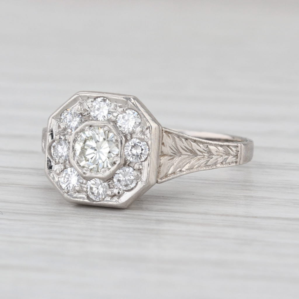 Antique Diamond Halo Engagement Ring Platinum Size 6.25 Wheat Etched