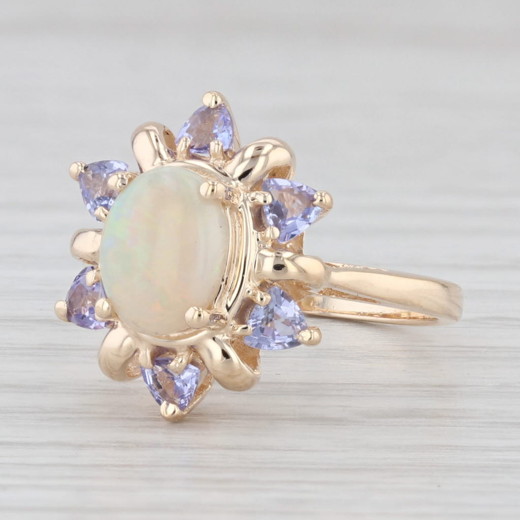 Light Gray Oval Opal Tanzanite Halo Ring 14k Yellow Gold Size 6