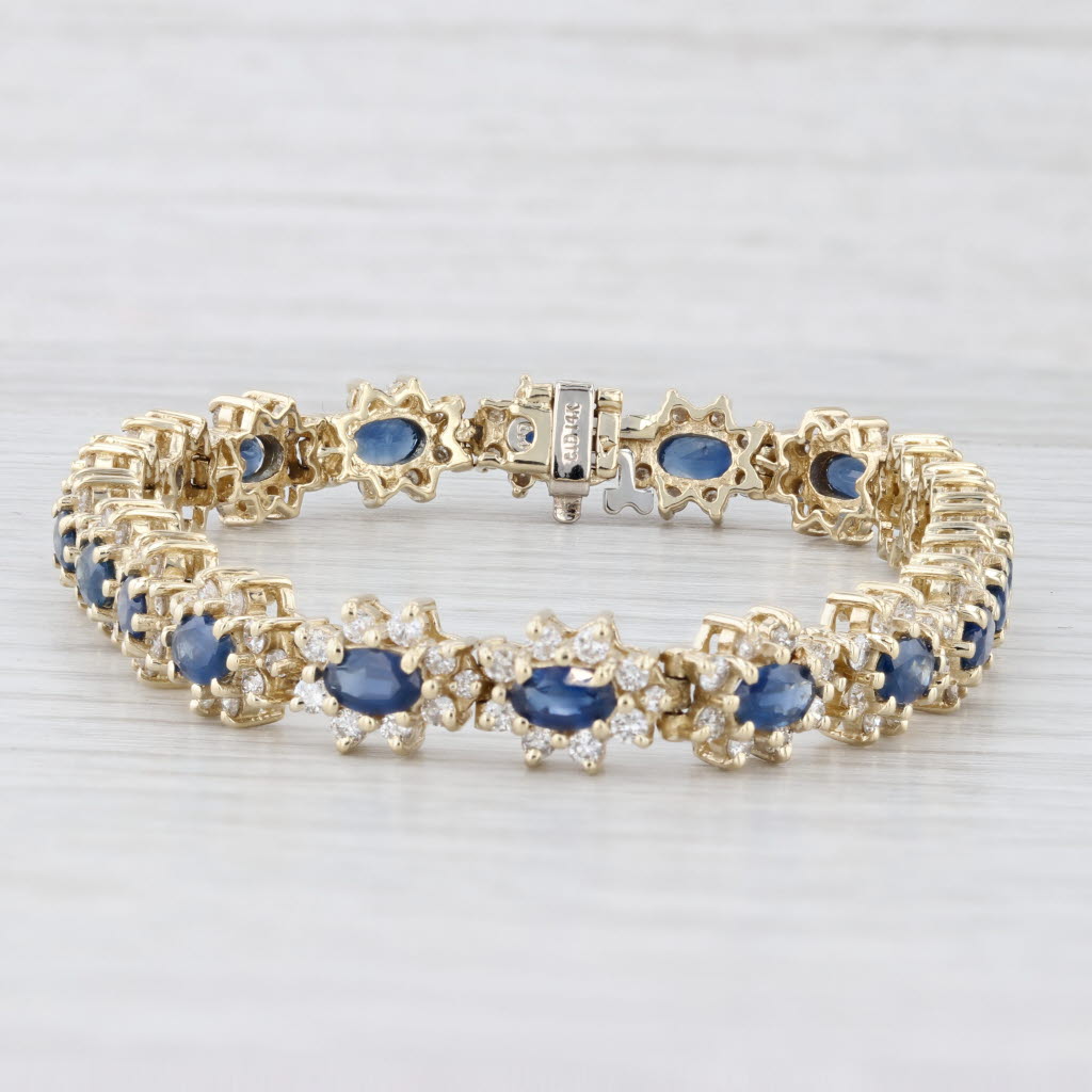 Light Gray Blue Sapphire Diamond Halo Tennis Bracelet 14k Yellow Gold 6.75" 7.6mm