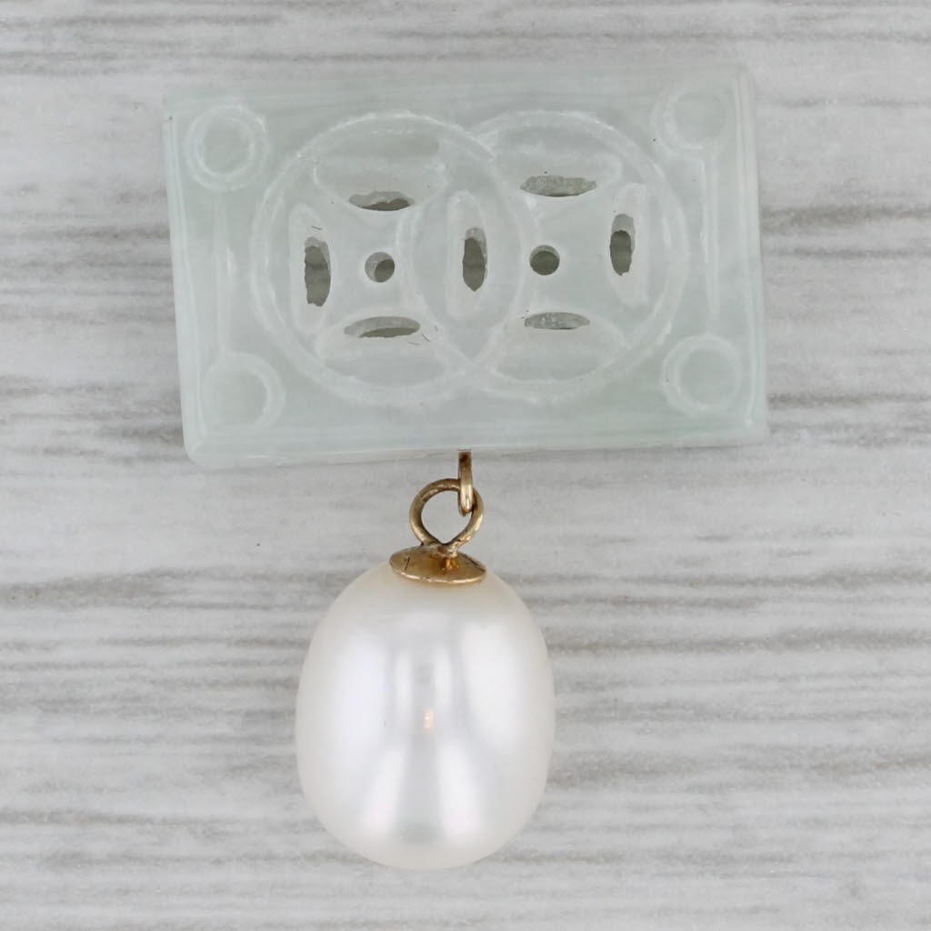 Gray Ornate Carved Jade Cultured Pearl Drop Pendant 14k Gold Slide