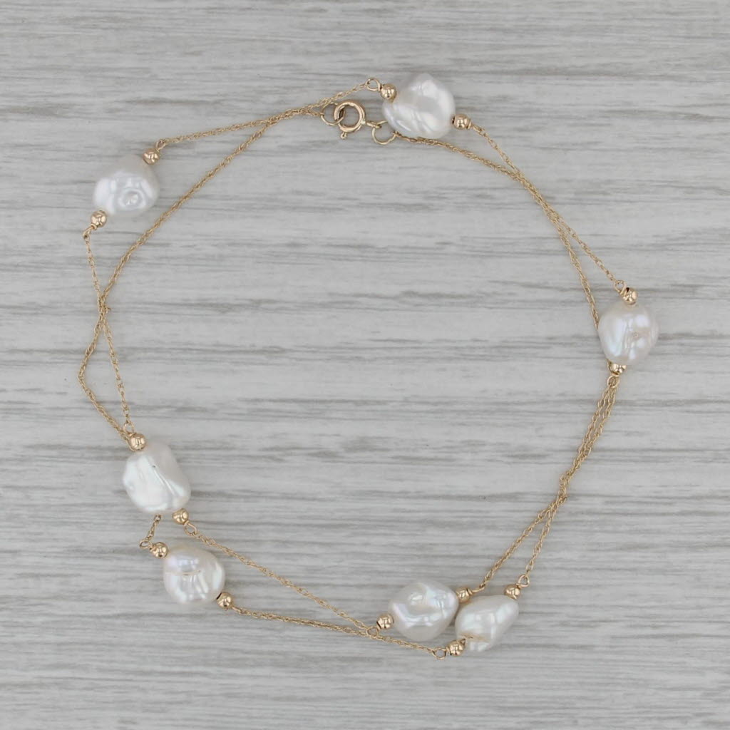 Baroque Cultured Pearl Station Necklace 14k Yellow Gold Rope Chain 16.25"