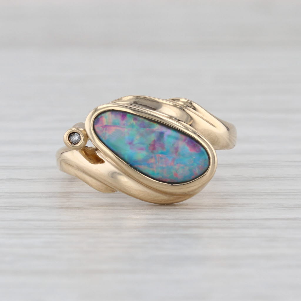 Multicolor Opal Diamond Bypass Ring 14k Yellow Gold Size 6.5