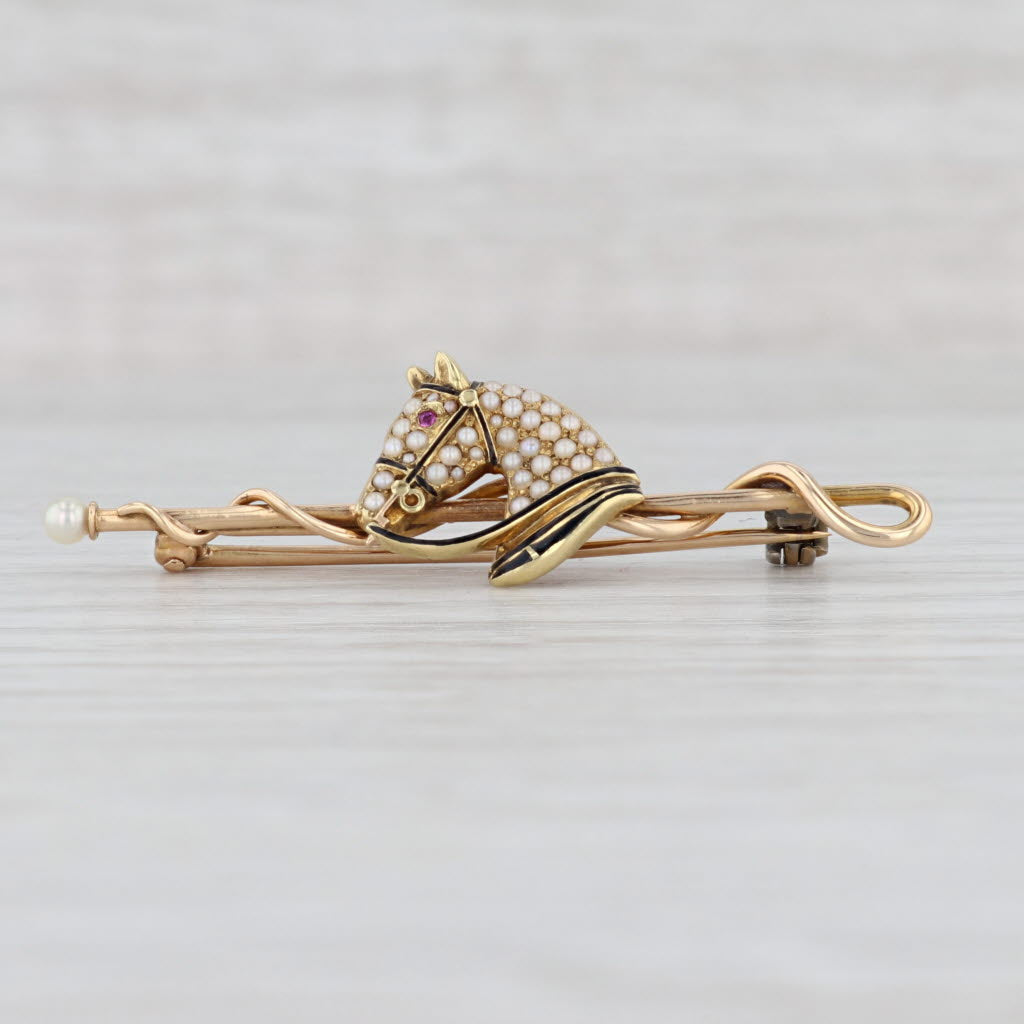 Light Gray Antique Horse & Whip Brooch 14k Gold Pearl Ruby Pin Equestrian
